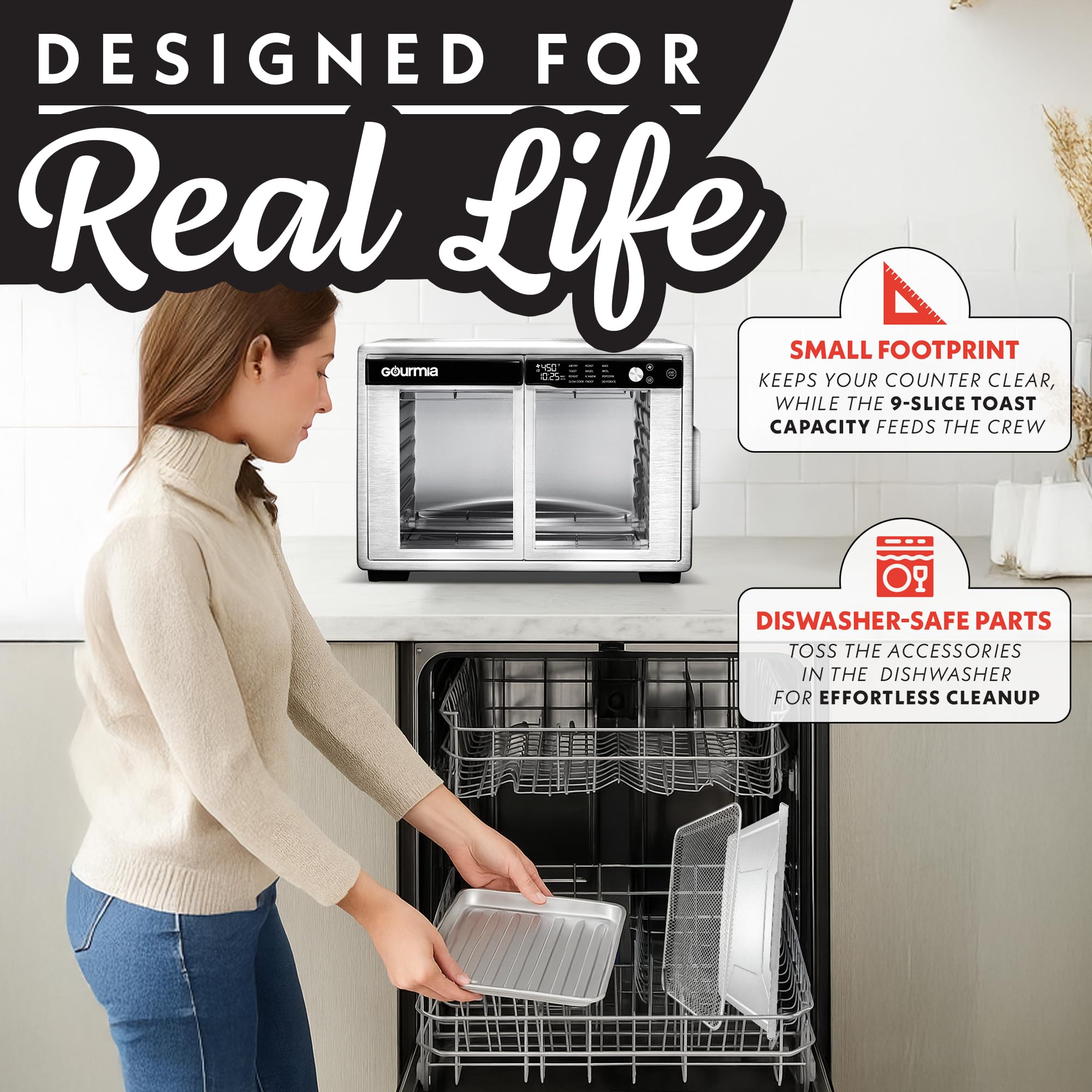 Horno freidora de aire digital Gourmia con puerta francesa - Capacidad XL 37QT, 12 presintonías, tecnología FryForce 360°, deshidratación, prueba, cocción lenta, se adapta a pizza de 13", 1700W, acero inoxidable