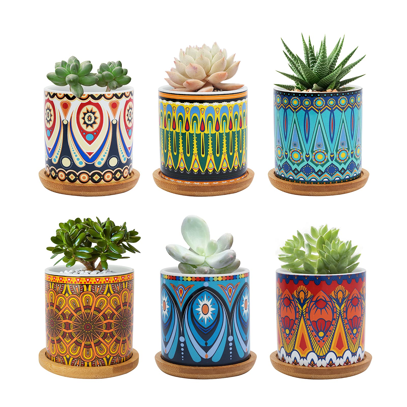 FORAGIFT 7.5CM Succulent Plant Pot, Ceramic Mandala Pattern Cactus Plants Pot, Small Plant Pots for Indoor Outdoor Plants with Bamboo Tray, and Great for Home Office Decor, Set of 6