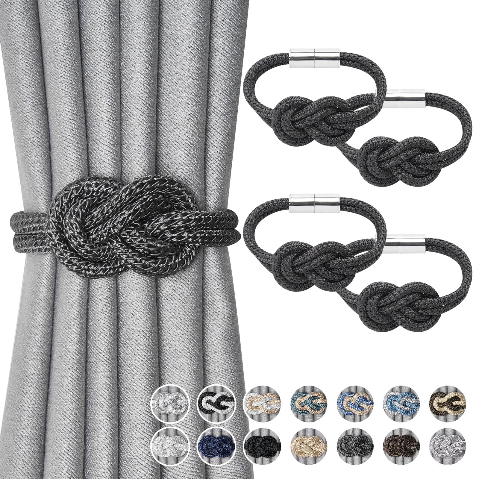 Pretty Jolly 4 Pack Mini Magnetic Curtain Tiebacks Nordic Simple Style Drape Tie Backs Elegant Hand Weave Rope Knot Decorative Curtain Holdbacks for Home & Office Window Drapery (Dark Grey)