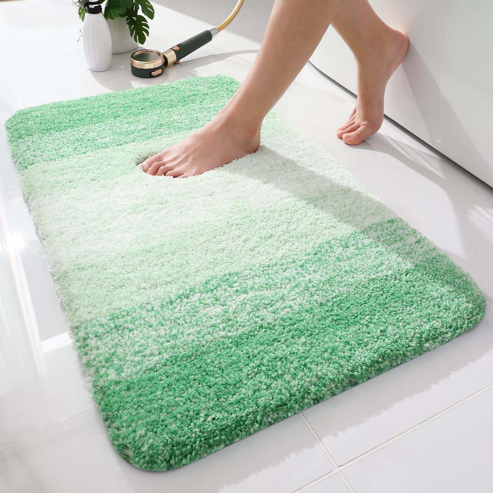 smiry Microfiber Bath Mat, 50 x 75 cm, Non-Slip Super Absorbent Bathroom Mat, Extra Soft Thick Floor Foot Mat, Fluffy Shaggy Bath Mats Rugs for Bathroom, Green