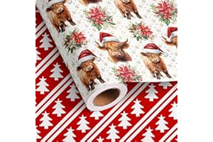Vnaaem Reversible Cow Christmas Wrapping Paper Roll for Men Women - White Red High Land Cow with Santa Hat, Xmas Floral, Tree