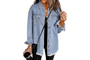 Vetinee Women’s Oversized Button Up Frayed Hem Shacket Long Sleeve Pockets Denim Jean Jacket