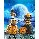 iStatue Halloween Decorations Indoor, 2-Pack Resin Black Cat & Skeleton on Pumpkin with Jack-o’-Lantern Lights Gift for Fireplace Tabletop Party Tiered Tray Decor (Skeleton & Cat)