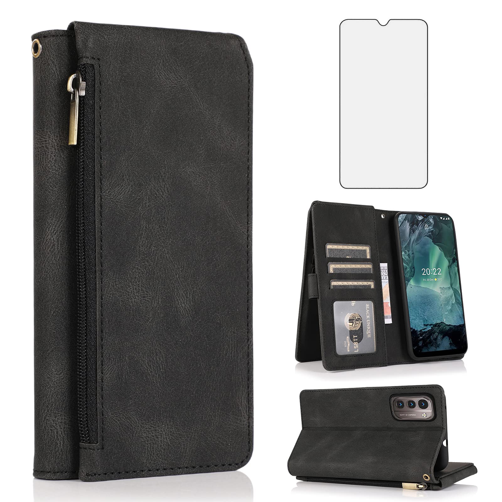 Asuwish Compatible with Nokia G11 / Nokia G21 Wallet Case Tempered Glass Screen Protector and Zipper Leather Flip Cover Card Holder Stand Cell Accessories for NokiaG11 NokiaG21 (6.5") Women Men Black