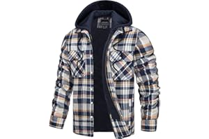 TACVASEN Men's Flannel Shirt Button Down Plaid Shirts with Hood Quilted Lined Casual Shacket Mens Winter Cotton Shirt