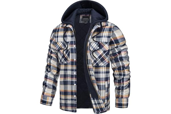 TACVASEN Men's Flannel Shirt Button Down Plaid Shirts with Hood Quilted Lined Casual Shacket Mens Winter Cotton Shirt