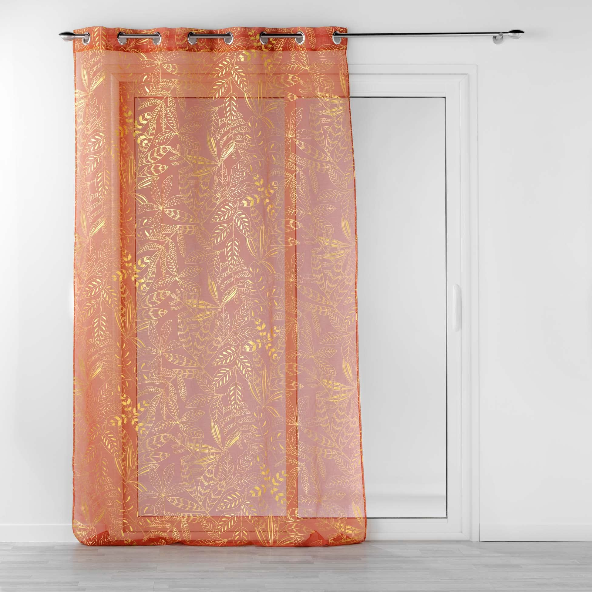 Douceur d'Intérieur, Belflor Net Curtain with Eyelets 140 x 280 cm Terracotta/Gold, Metallic Printed Sandblasted Voile