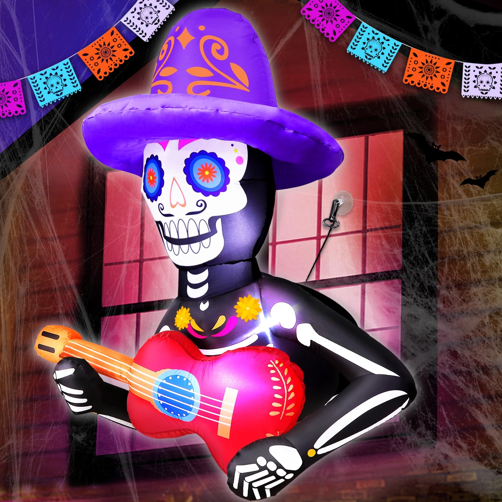 Photo 1 of TURNMEON 4 Ft Day of The Dead Inflatable Sugar Skull Broke Out from Window with Sombrero Guitar, Dia De Los Muertos Decorations Halloween Blow Up Yard Decorations Built-in LED Outdoor Yard Lawn Garden