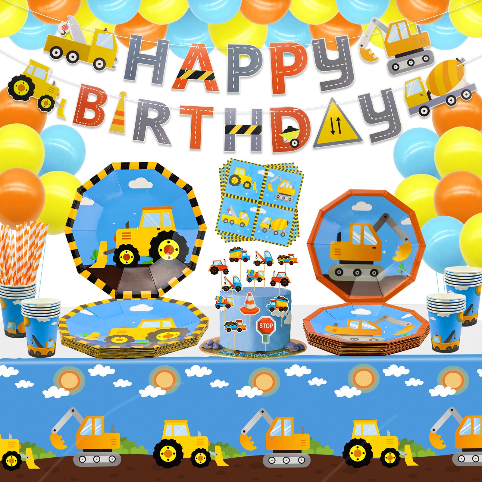 162 Pack Construction Birthday Party Supplies - Dump Truck Decorations, Plates, Tablecloth, Cups, Napkins, Foil Balloons - Serves 20
