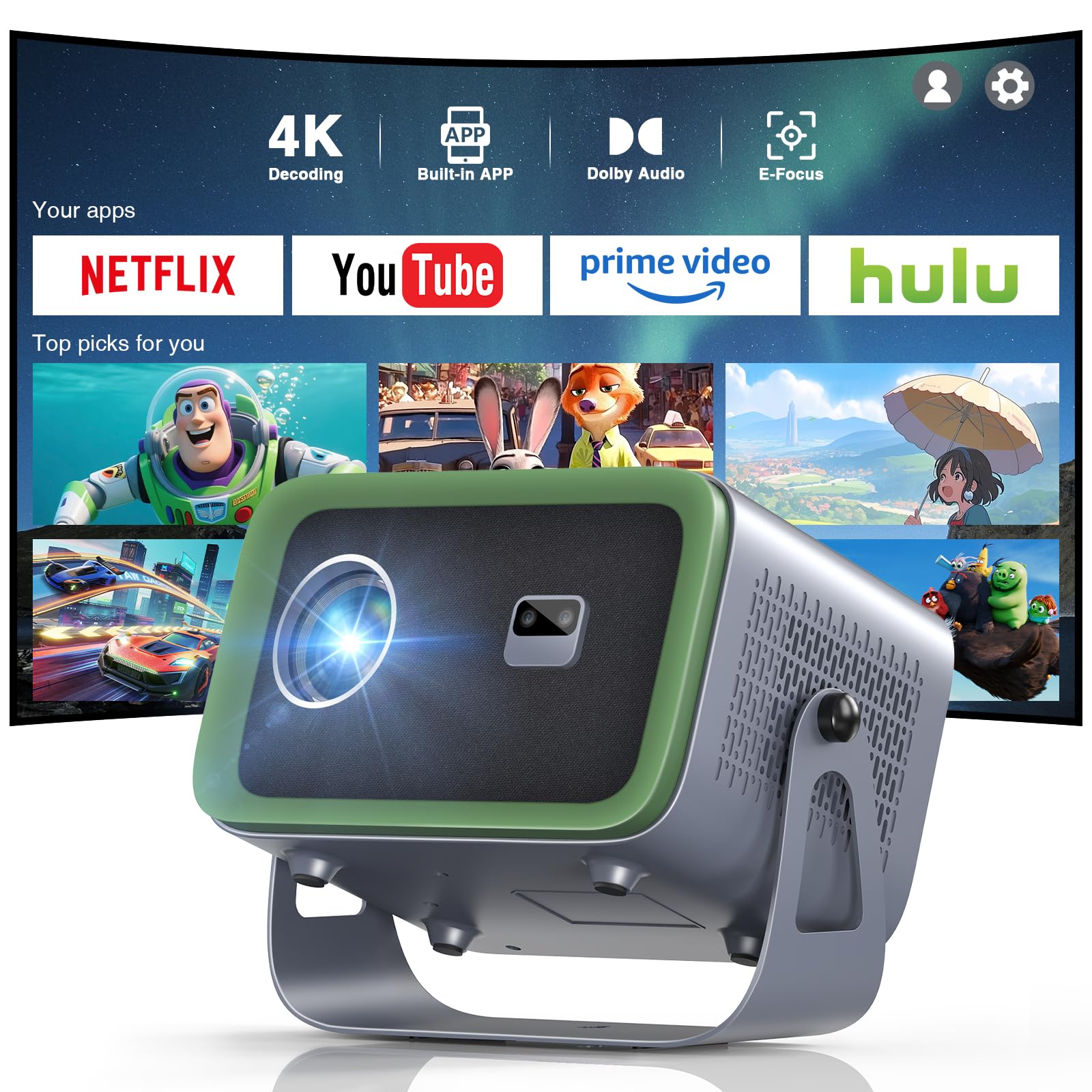 [Netflix Compatible & Dolby Audio] TMY Smart Projector with WiFi and Bluetooth, Real 4K Support Outdoor Movie Projector, Auto Keystone & 360° Rotatable Stand Portable projector for Indoor and Outdoor