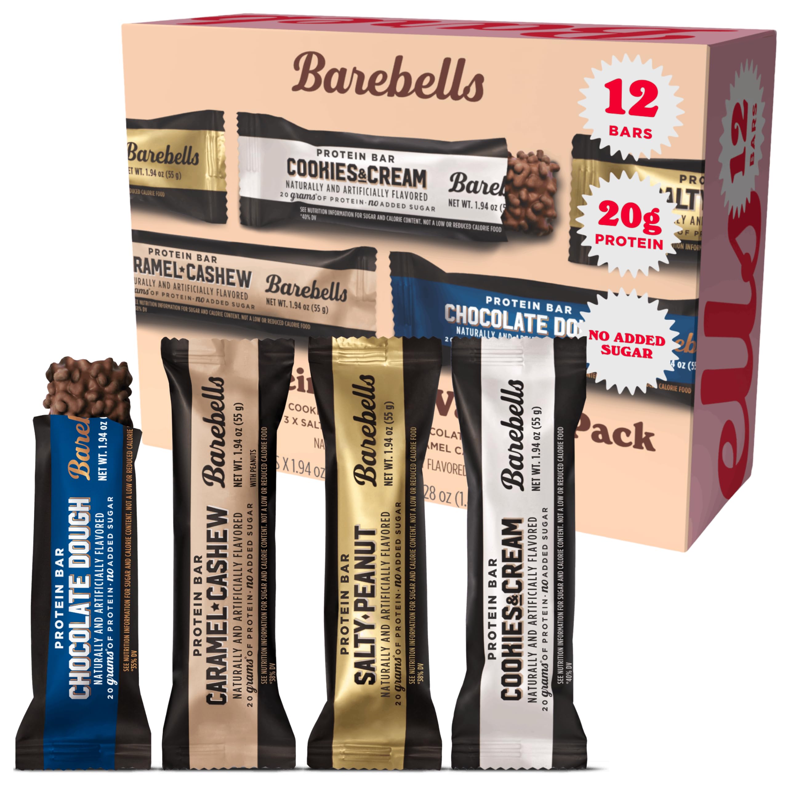 Barebells Protein Bars Variety Pack - 12 Count, 1.9oz Bars - Protein Snacks with 20g of High Protein - Chocolate Protein Bar with 1g of Total Sugars - Perfect on The Go Protein Snack & Breakfast Bars