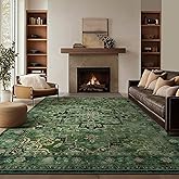Jainmy Tranditional Dark Green 8x10 Rugs for Living Room Bedroom, Washable Non Slip Low Pile Thin Dining Room Rugs for Under Table, Distressed Medallion Pattern Printed Soft Carpet for Guest Room