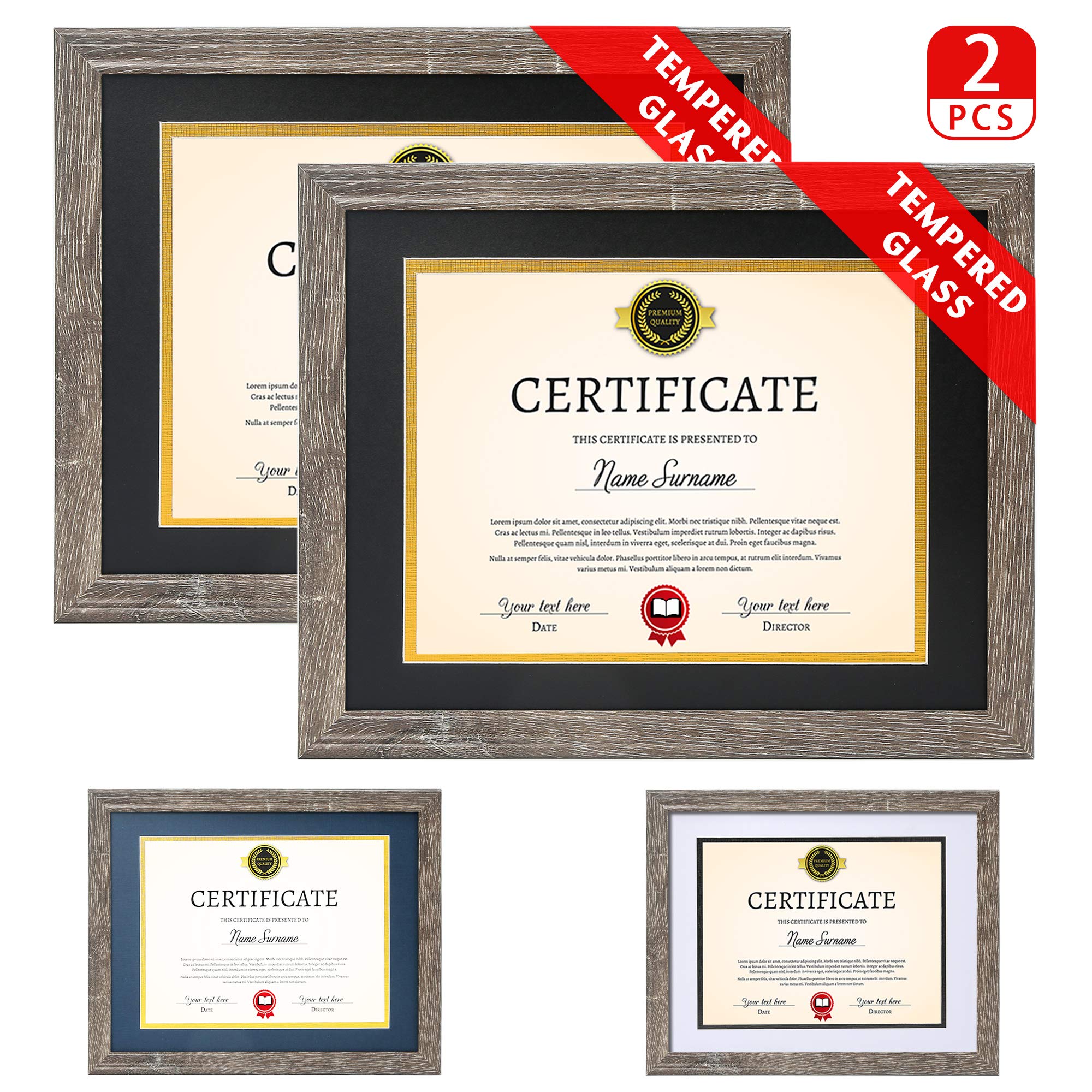 Diploma Frame Tempered Glass - Document Frames 8.5x11 with Mats(Navy, Black, White, Golden), Rustic Wooden Graduation Picture Frame 11x14 without Mat for Certificate, Degree (Set of 2, Rustic Grey)