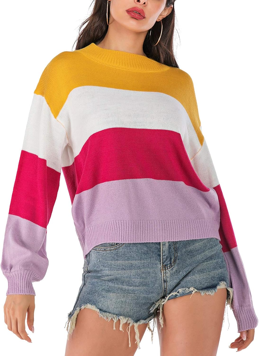 Womens Color Block Sweater, Cute Crewneck Stripe Long Sleeve Casual