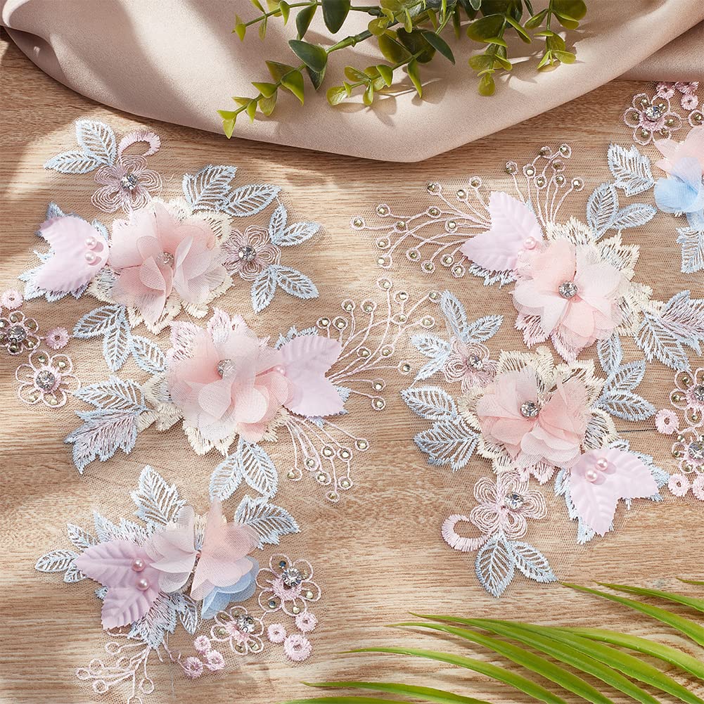 PLIGREAT 4 Pcs Floral Embroidery Applique Beaded Rhinestone Pink Applique Patches Sewing On Decorative Appliques for Clothes DIY Wedding Brides Prom Dresses Tulle Lace Fabric