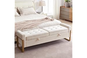 AEMEIOS 67" End of Bed Bench King Size, Velvet Storage Bench for Bedroom Foot of Bed, Double Lids Storage Bench with Golden Legs, Upholstered Ottoman Bench for Living Room Window Entryway, Cream