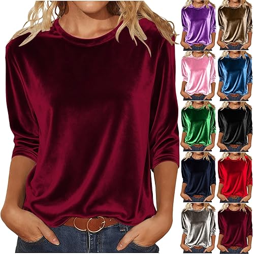 Velvet Long Sleeve Tops Women Crew Neck Solid Gold Velvet Pullover Elegant Tunic Top Soft Loose T Shirts Casual V Neck Ladies Sweatshirts Classic Lightweight Women's Jumpers Work Office Blouses