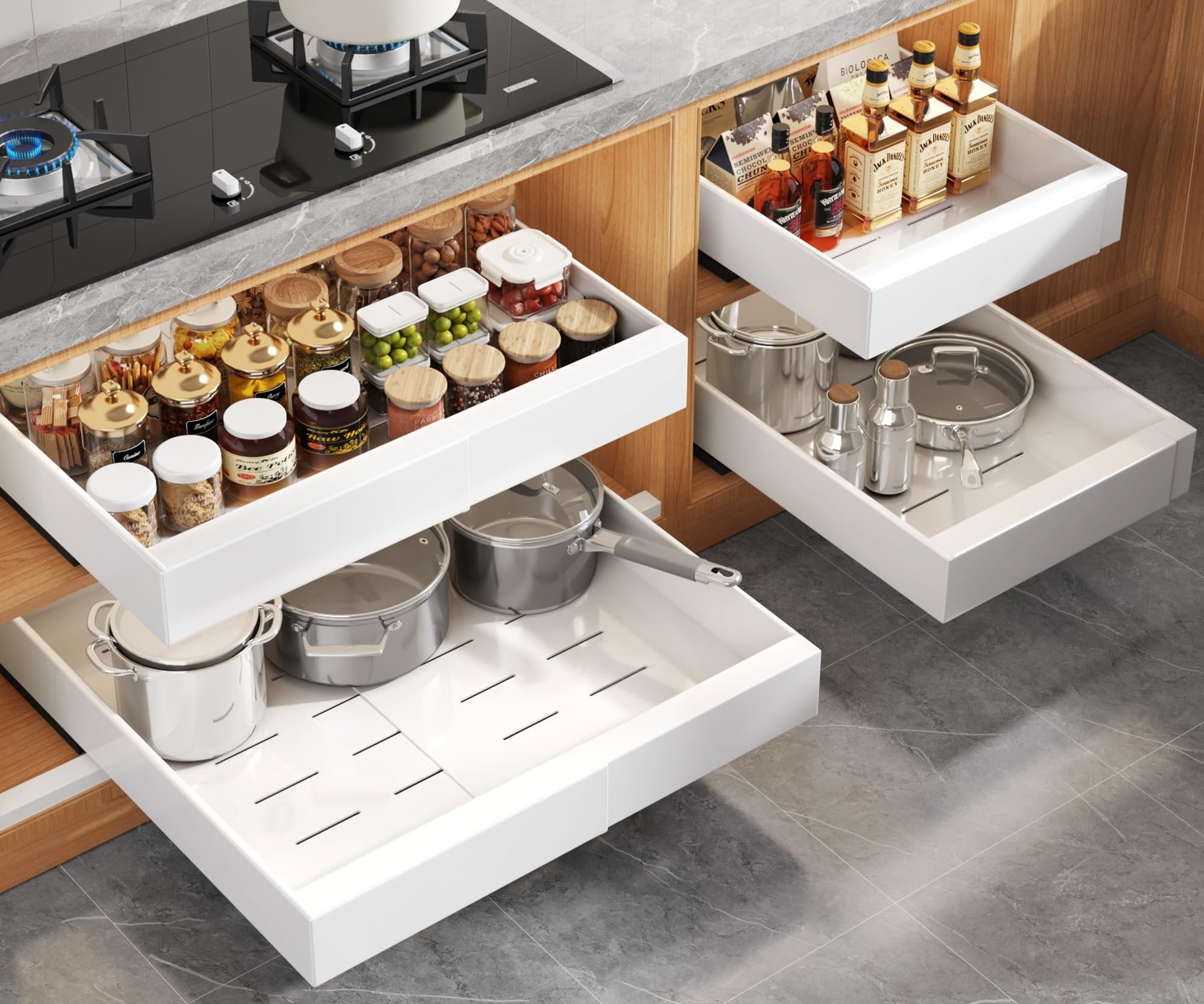 Photo 1 of ***3 PACK***
Seinloes 4 Pack Expandable Pull Out Cabinet Organizer 21"Deep With Raising Pad for Framed Cabinets,Upgrade 3 Slide Rails Slide Out Drawers,No Drill Roll Out Shelves,Adjustable Width 12.1"-20.4" White