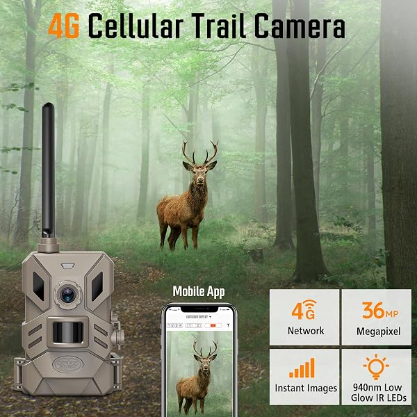 OUTDOOR EXPERT 4G CELLULAR TRAIL CAMERA WITH NO GLOW 940NMNIGHT VISION,36MP HUNTING CAMERA HD VIDEO IP66 WATERPROOF GAME CAM,90FT FLASH RANGE WILDLIFE MONITOR-NEW
