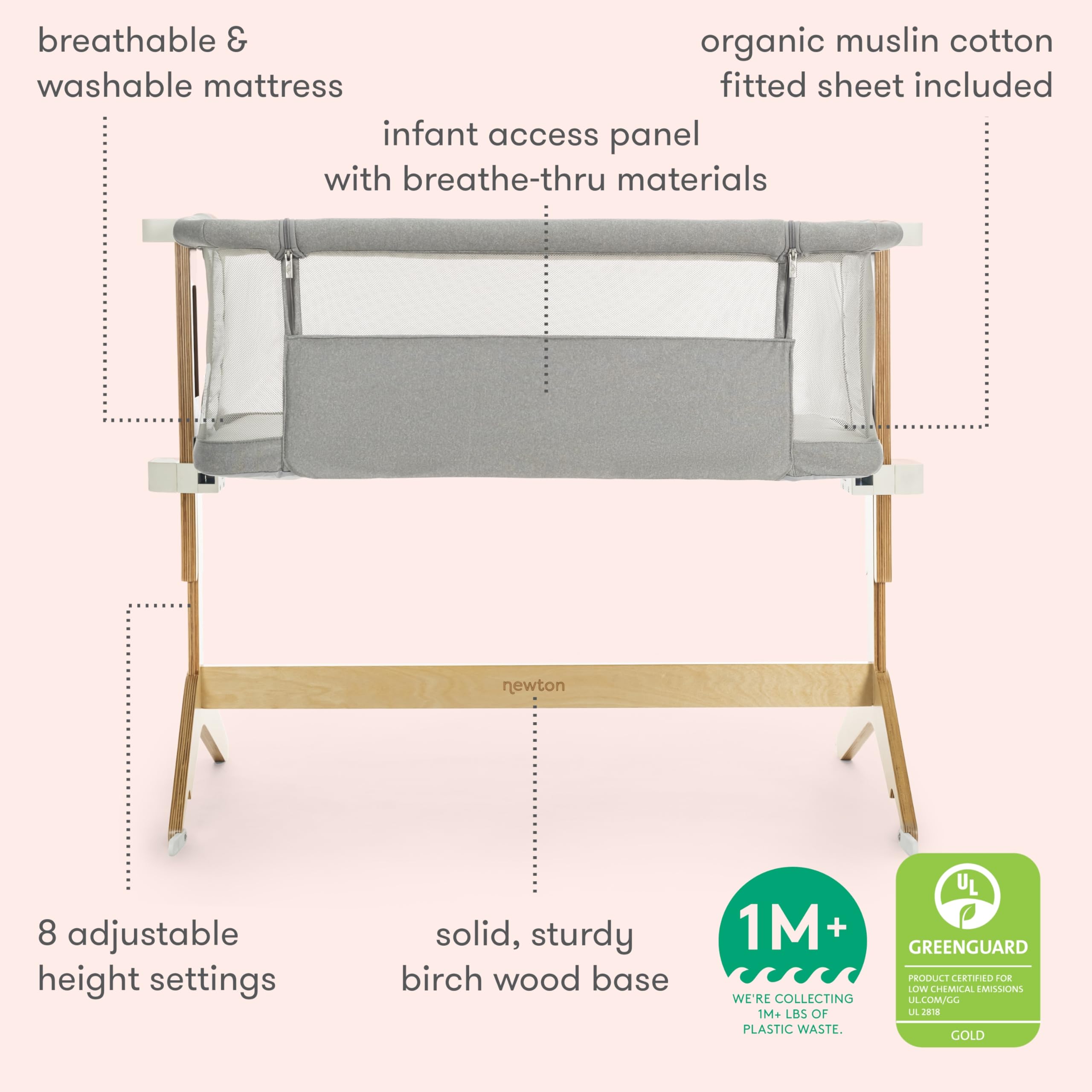 Newton Baby Bassinet & Bedside Sleeper with Mattress & Sheet - Ultra-Breathable & Completely Washable, Removable Dual-Layer Cover | Solid Birch Frame Adjustable Height & Infant Access Opening