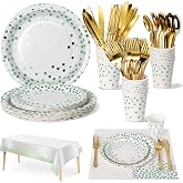 Nkaiso 141 Pieces Green Dots Party Supplies, Disposable Party Decorations Sets Include Paper Plates Napkins Cups, Plastic Forks Knives Spoons, for Baby Shower Birthday Wedding -20 Guests