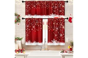 Britown Christmas Kitchen Curtains Snowflake Red Winter Snow Window Curtains Valance and Tier Set 36 Inch Rod Pocket Short Tier Curtain for Room Kitchen Decor