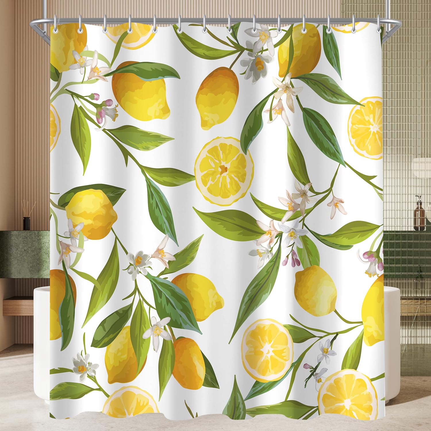 Lerores Shower Curtain, 180 x 180 cm, Lemon Leaf, Weighted Hem, Anti-Mould, Water-Repellent, Washable Polyester Bath Curtains with 12 Eyelets and Shower Curtain Rings for Bathroom, Bathtub