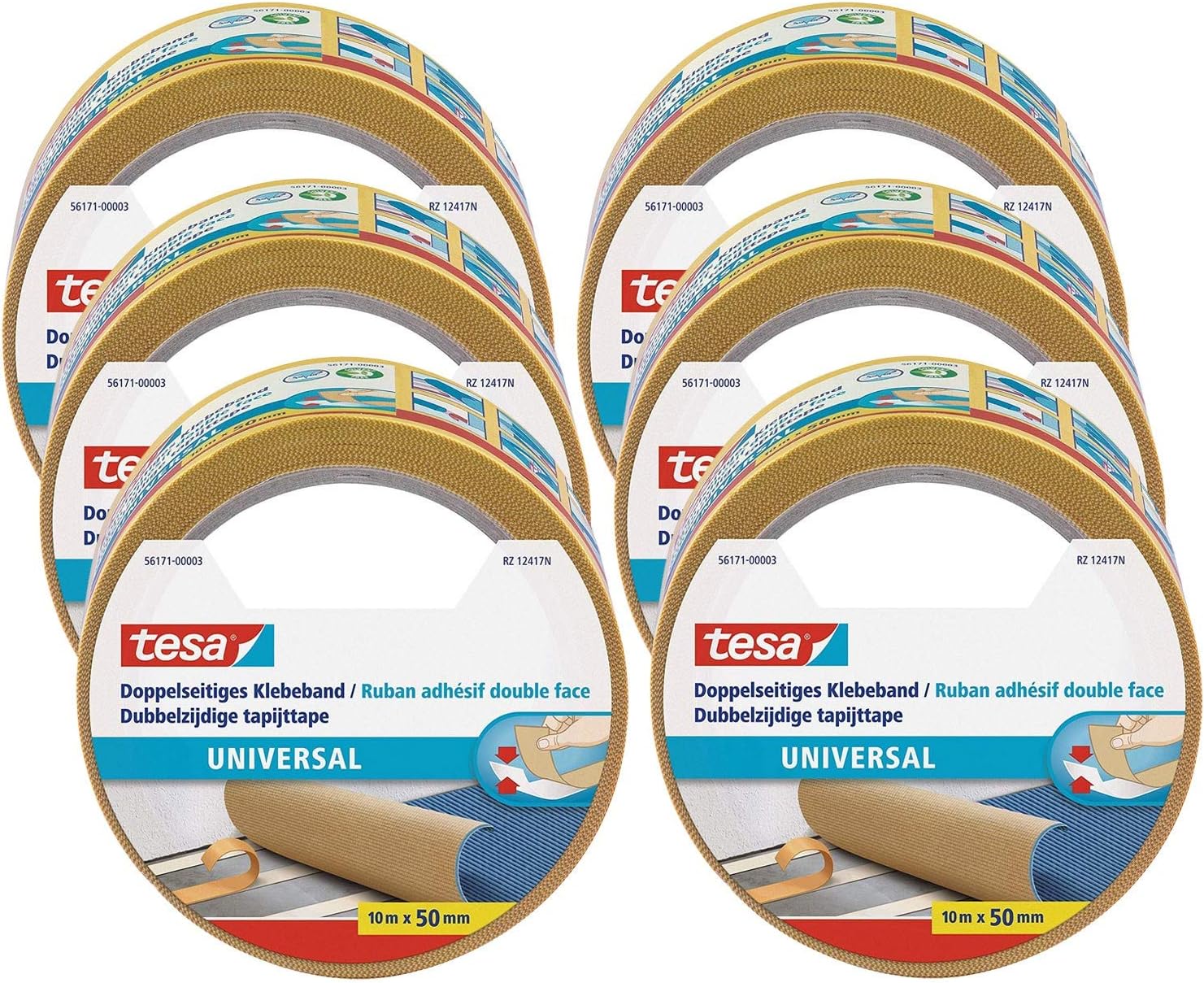 tesa 56171 Double-Sided Universal Pack of 6 Versatile Tape for Packaging Decoration and Carpets or for Crafts 6 Rolls Each 10 m White