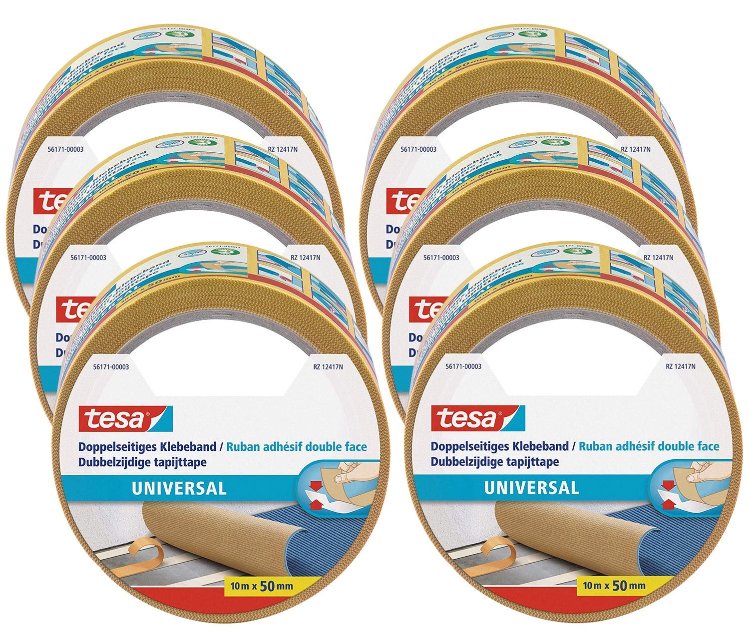 tesa 56171 Double-Sided Universal Pack of 6 Versatile Tape for Packaging, Decoration and Carpets or for Crafts 6 Rolls Each 10 m White
