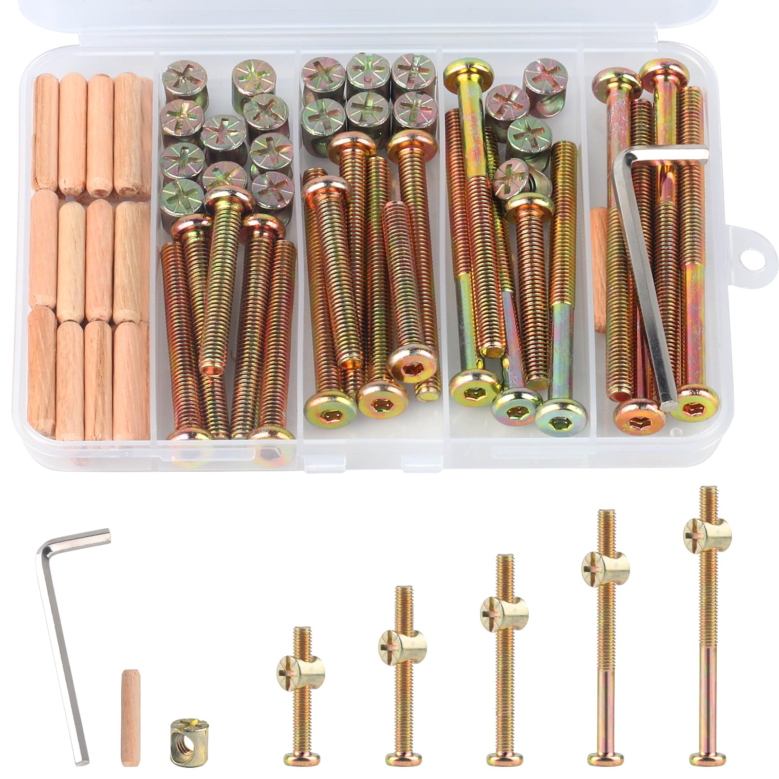 XhjzgcTech M6x40/50/60/70/80mm Crib Screws Assortment 20-Set Wooden Double beds Hardware Replacement Kit,Bolts & Barrel Nuts & Wooden Dowels, Hex Socket Head Cap Screws Nuts for Headboards Furniture — image 1