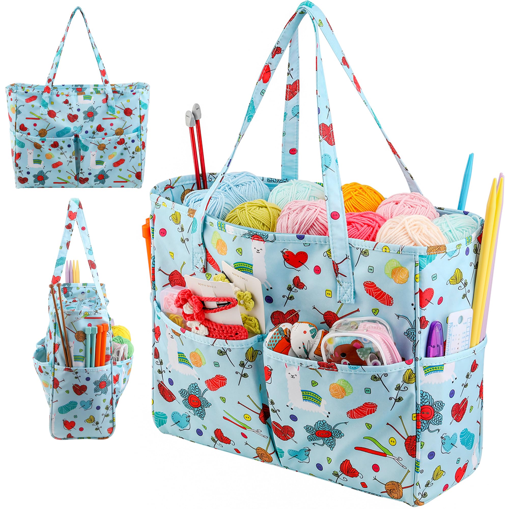 LOOEN Crochet Knitting Tote Bag, Yarn Storage Bag with Multiple Pockets, Yarn Balls, Crochet Hooks, Knitting Accessories Organizer (Blue)