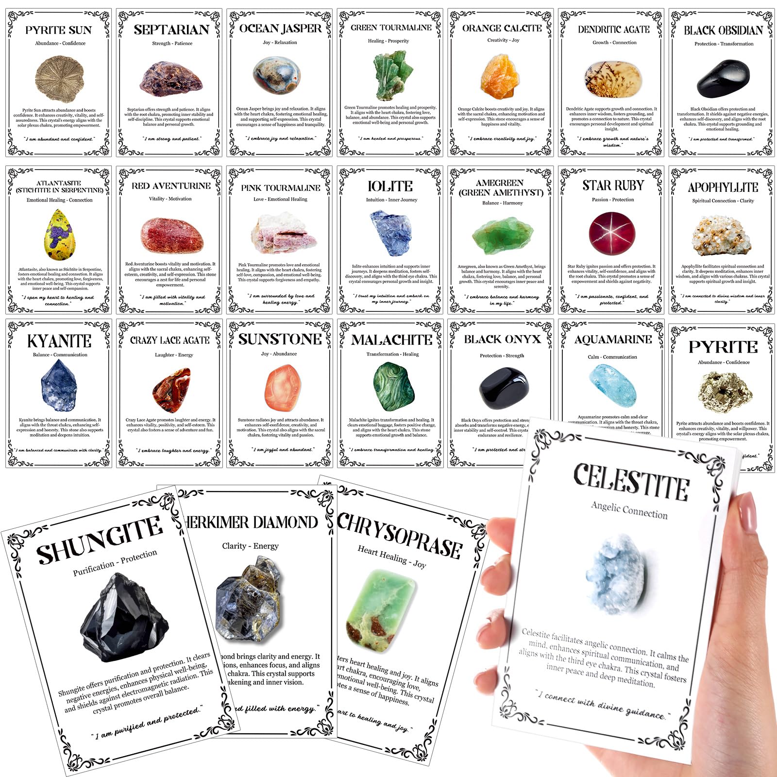 Photo 1 of Feifeiya 100 Pcs Crystal Healing Guide to Meaning and Uses of Crystal Oracle Cards Stones and Gems Energy Healing Gifts for Beginners