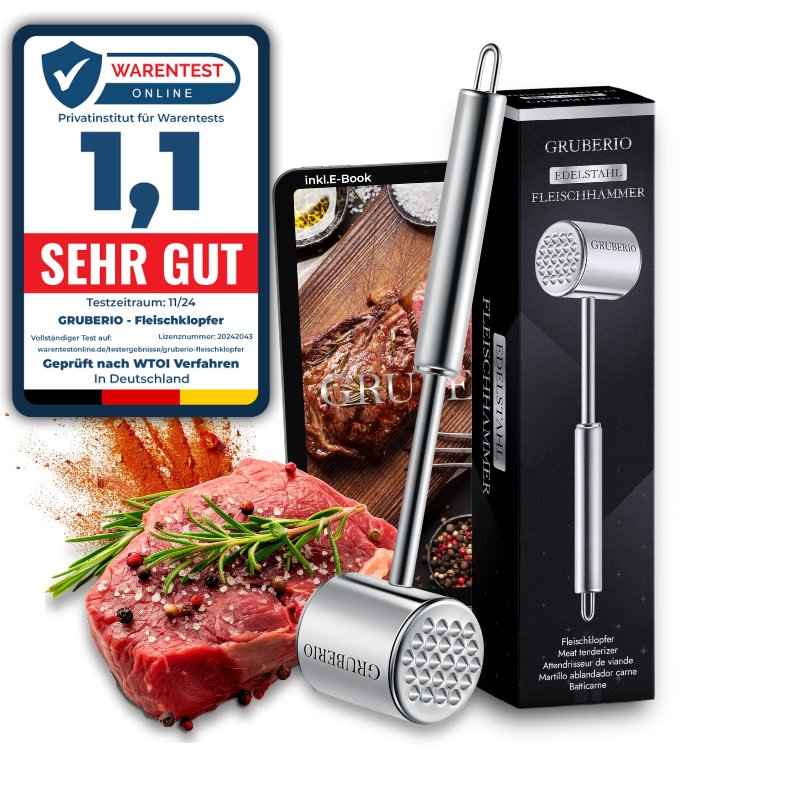 GRUBERIO Meat Tenderiser with Recipes E-Book | Schnitzel Tenderiser | Meat Hammer | Meat Platter | Stainless Steel
