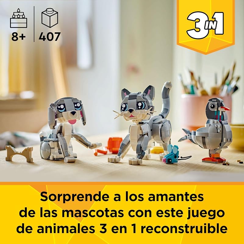 LEGO Creator 3 em 1 Gato Brincalhão Transformável em Toy Dog ou Pombo , Jogo de Animais, Figuras Articuladas, Presente de Aniversário para Meninas e Meninos 8 Anos e Mais Velhos 31163