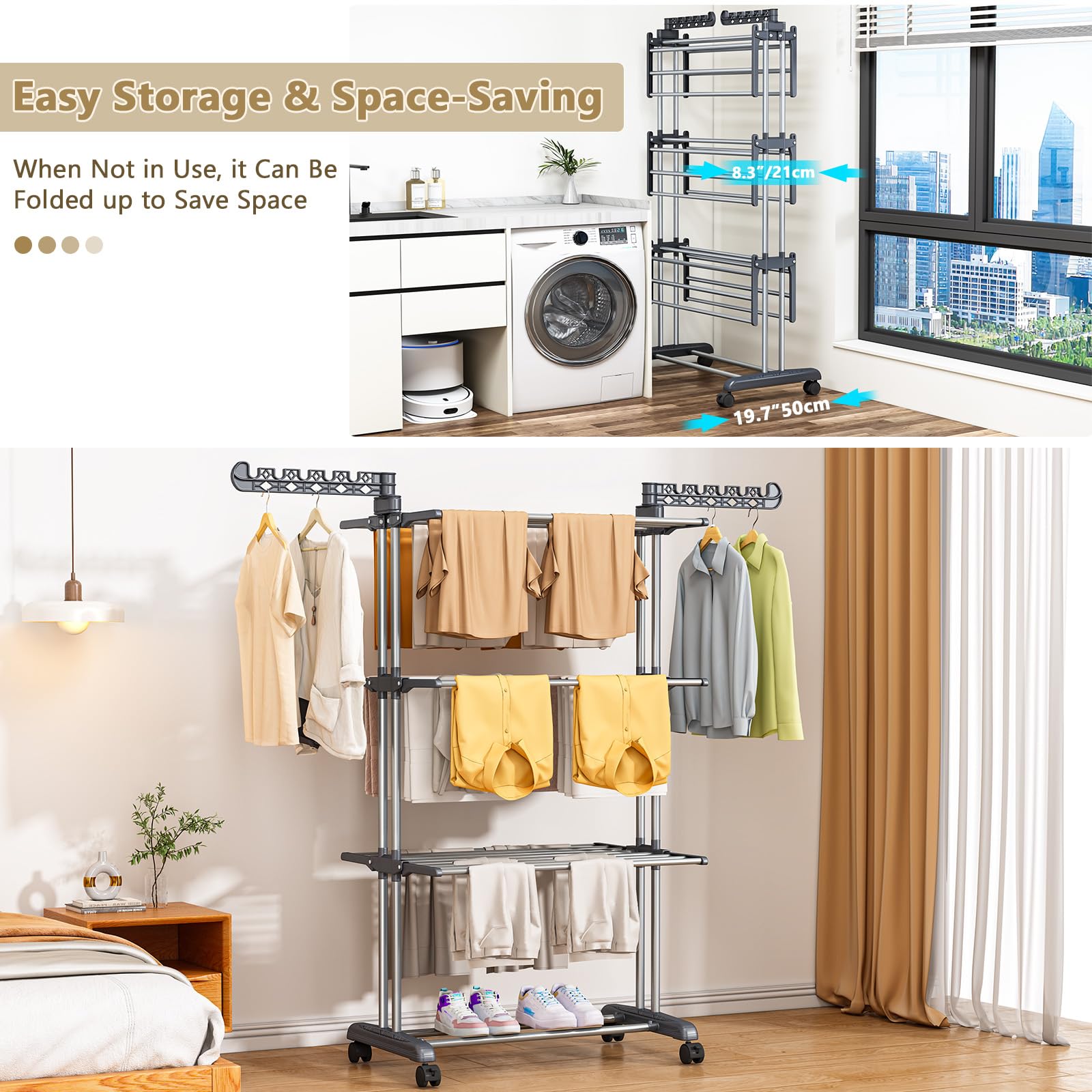 PurKeep Thicken & Durable Clothes Airer, Extra Large 4-Tier Capacity Foldable Clothes Drying Rack with Wheels, Stainless Steel Clothes Horse for Indoor/Outdoor Use in Bedroom, Laundry Room