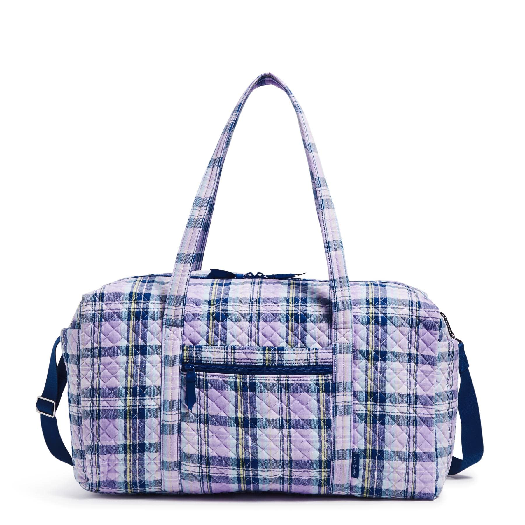 Vera Bradley Women’s Cotton Large Travel Duffel Bag, Amethyst Plaid – Recycled Cotton, One Size