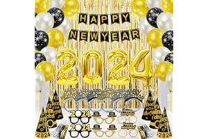 ORIENTAL CHERRY New Years Eve Party Supplies 2024 - Happy New Year Decorations Kit - Includes Banner, Hats, Glasses, Tiaras, Balloons, Squawkers and Fringe Curtain - Accessories for Adults Kids Party Decor