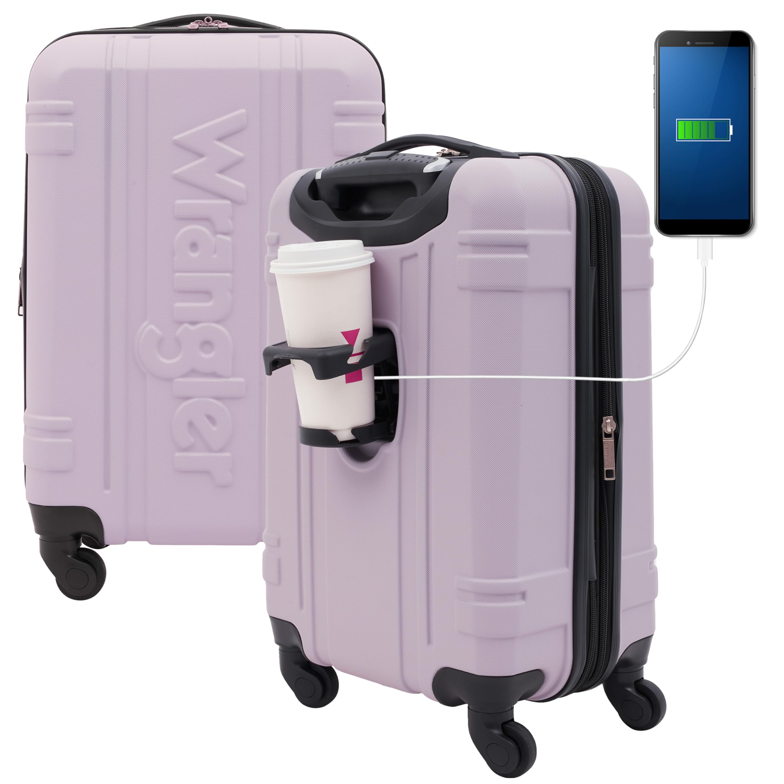 Wrangler 3 Piece Smart Hard Spinner Luggage Set with USB Charging Port, Dark Blue, 3 Piece Set, Smart Luggage Set with Cup Holder and USB Port