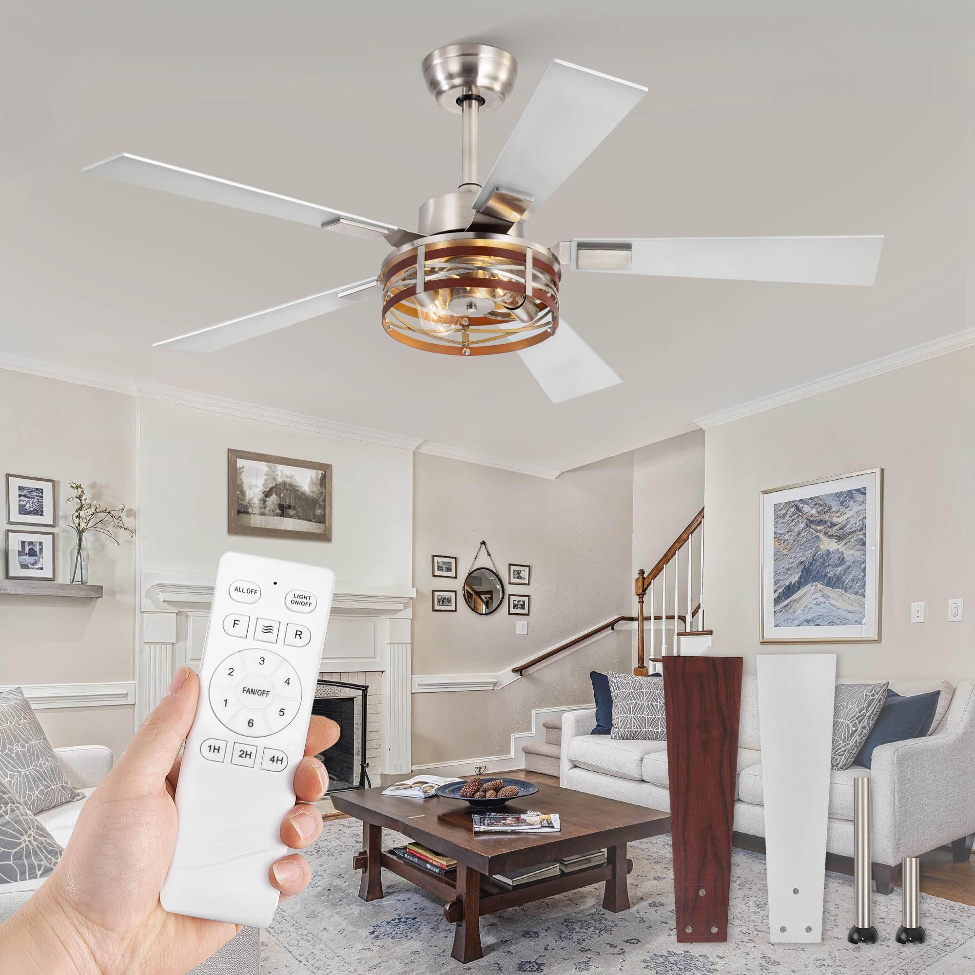 Photo 1 of Farmhouse Ceiling Fans with Light, 48 Inch Bedroom Ceiling Fan with Lights, 6-Speed Adjustable, Quiet and Reversible DC Motor, 5 Dual Finish Blades, Rustic Caged Ceiling Fan?Brushed Nickel