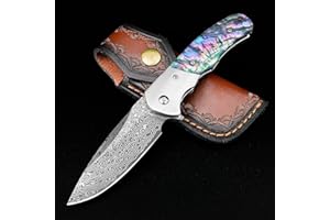 KOMWERO Damascus Pocket Knife, Damascus Steel Folding Knives with Abalone Shell Handle, EDC Knife for Outdoor Camping Collection