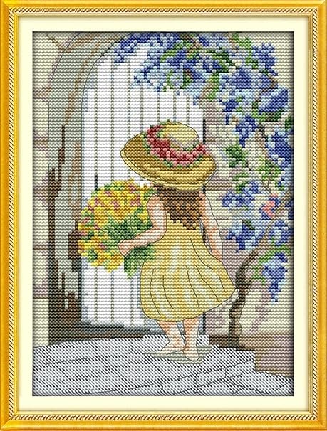 Amazon Sjkl 刺繍クロスステッチキット 人気 図案印刷 クロスステッチ キット 花を与える女の子 初心者 11ct Diy 上級者 手作 刺しゅうキット ホームの装飾 40x50cm ウォールステッカー オンライン通販
