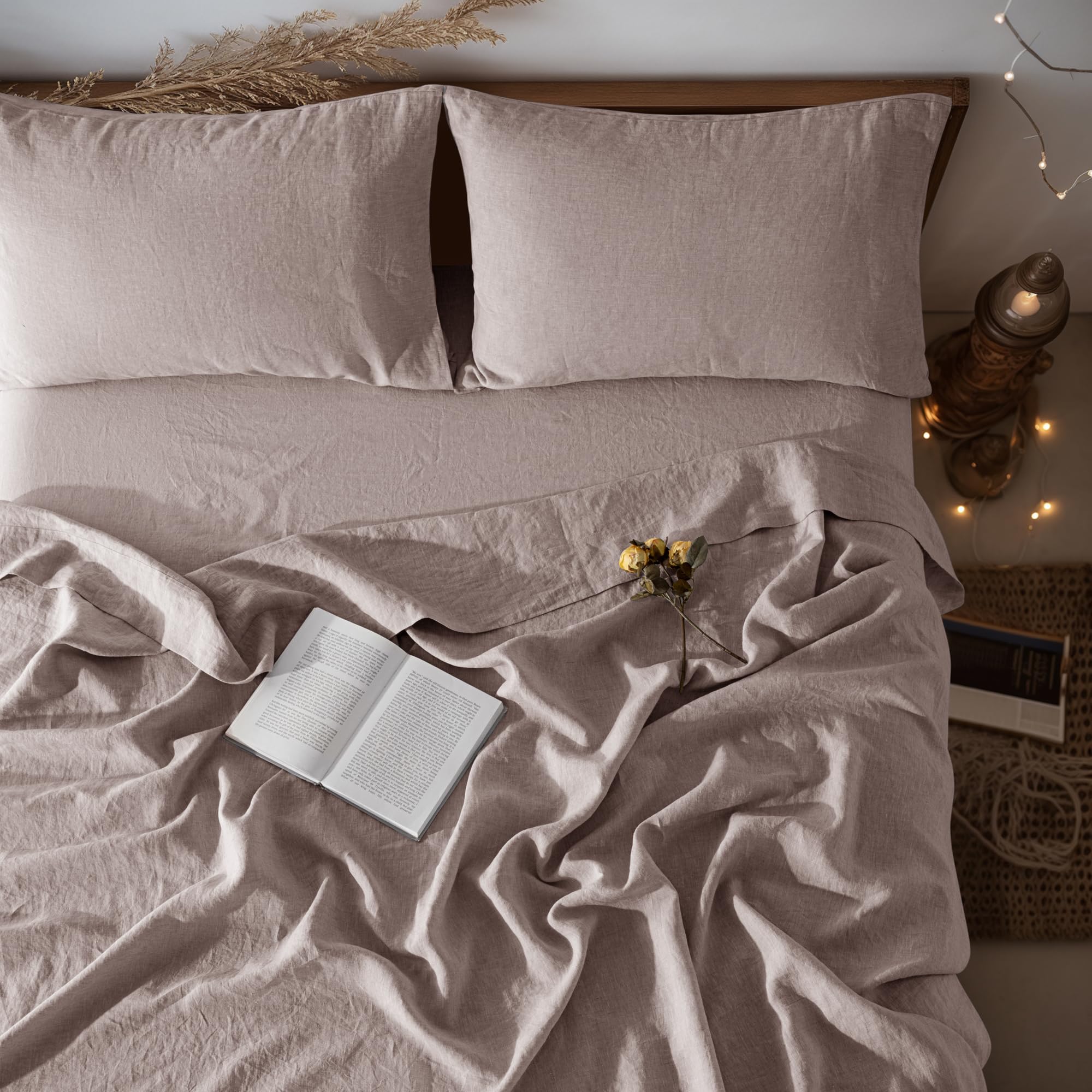 Photo 1 of LBRO2M 100% Pure Linen Sheet Set Deep Pocket Up to 16" Bed Sheets Sets, Natural Flax Beddings Soft, Breathable, Comfortable for All Seasons 4 Pcs Sheet Set King Size, Mauve Desert