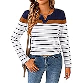 SOFIA'S CHOICE Women Striped Long Sleeve T Shirt V Neck Basic Cotton Cute Shirts
