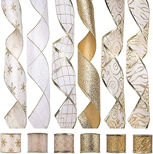 iPEGTOP Wired Christmas Ribbon, Assorted Organza Swirl Sheer Glitter Crafts Gift Wrapping Ribbon Christmas Design Decorations, 36 Yards (6 Roll x 6 yd) by 2.5 inch, White/Gold