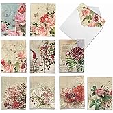 The Best Card Company - 10 Boxed Note Cards with Flowers - Blank Assorted Floral Notecards Bulk (4 x 5.12 Inch) - Botanical Collages M2988OCB