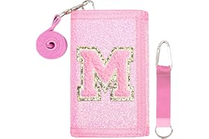 SiorVeol Kids Wallet Girls Trifold Initial Glitter Wallets with Zipper and Card Slots Including Neck Lanyard and Hanging Strap, Pink, M
