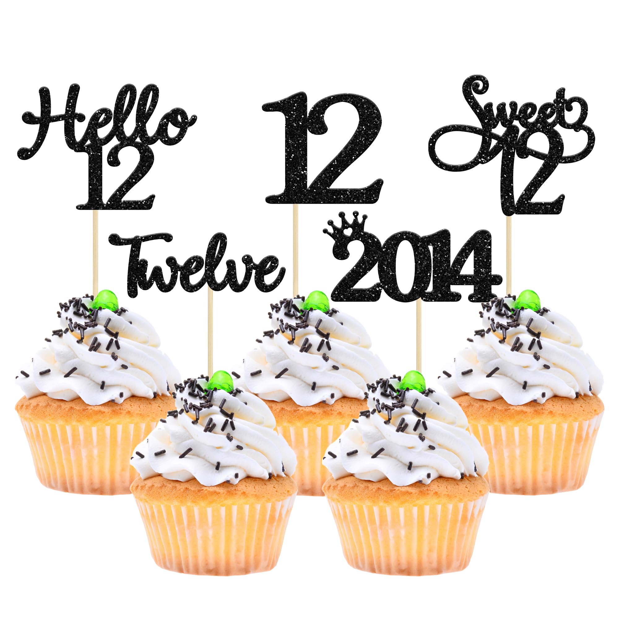 Gyufise 30 Pack Black Glitter 12th Birthday Cupcake Toppers Hello Sweet 12 Twelve Since 2014 Cupcake Picks for 12th Birthday Party Cake Decorations Supplies
