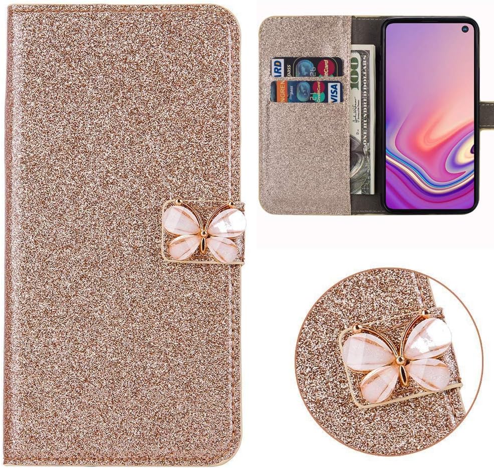 Xifanzistore Wallet PU Leather Case for Samsung Galaxy S10+ Gold Glitter Sparkly Flip Case Cute White Butterfly Design Folio Stand Luxury Purse Flip Card Pouch Stand Cover for Samsung Galaxy S10+
