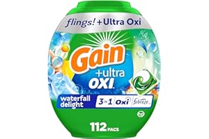 Gain Flings Ultra Oxi Laundry Detergent Pacs, 112 Count, Waterfall Delight Scent, with Odor Defense, concentrated laundry soap pacs