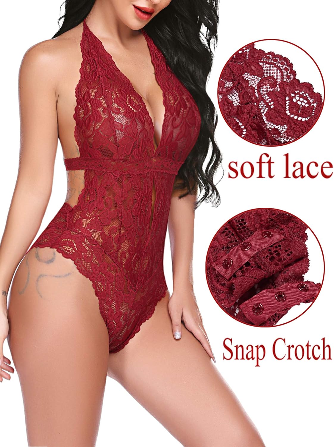 ADOME Women One Piece Lingerie Snap Crotch Bodysuit Lingerie Lace Teddy: Clothing